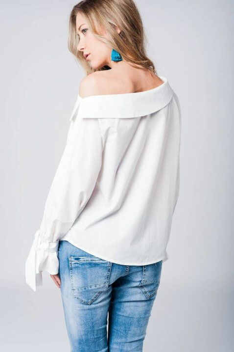 Schulterfreie Langarm-Bluse mit großen Schleifen an Ärmelenden aus Baumwolle von Q2 - Rückenansicht