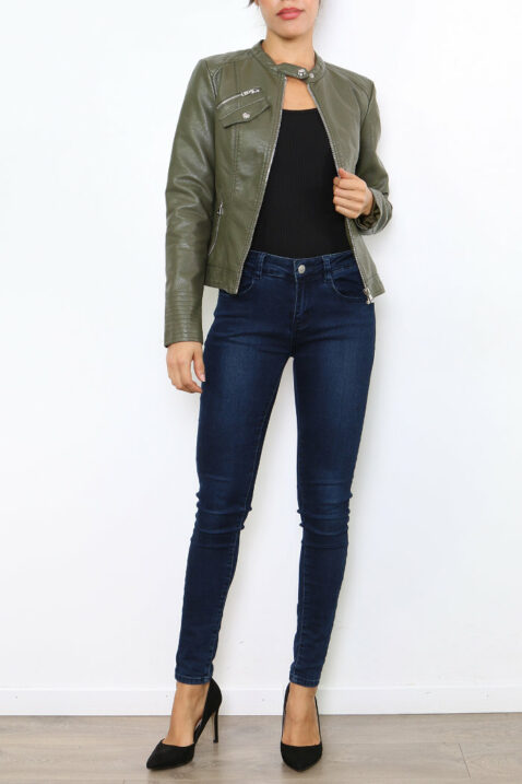 Khaki Damen Jacke im authentischen Leder-Look - Kunstlederjacke von Laura JO - Ganzkörperansicht