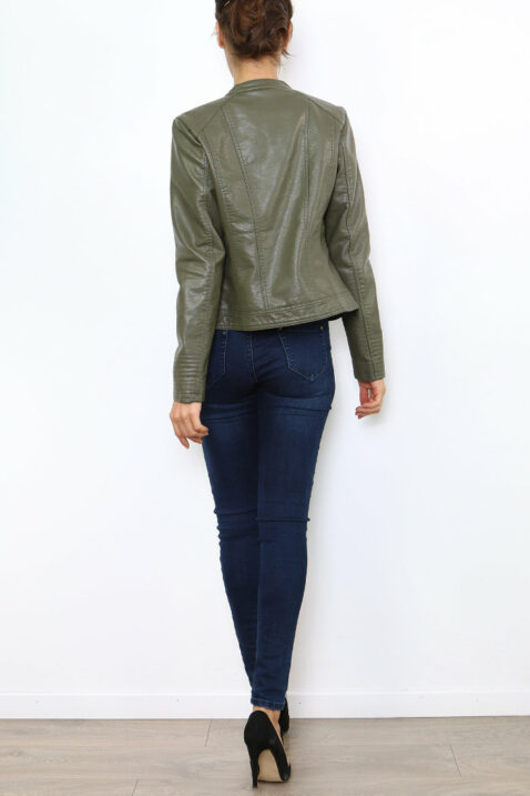 Khaki Damen Jacke im authentischen Leder-Look - Kunstlederjacke von Laura JO - Rückenansicht