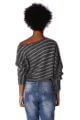 Grau gestreifter kurzer Damen Pullover asymmetrisch & Dreiviertelärmel von Q2 - Rückenansicht