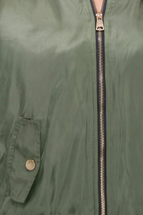 Khaki grüne Damen Bomberjacke mit abnehmbarer Kapuze aus Kunstfell von Bella Collection - Detailansicht