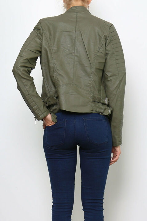 Khaki Damen Kunstlederjacke mit gesteppten Details - PU Leder, Lederimitat, Bikerjacke von Crazy Lover - Rückenansicht