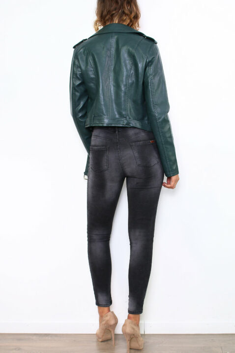 Grüne khaki Damen Bikerjacke in Leder-Optik - Kunstlederjacke von Softy by Ever Boom - Rückenansicht