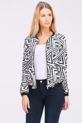 Schwarz weiß gemusterte Damen Blousonjacke - Bomberjacke mit Bündchen von Vanilla - Vorderansicht