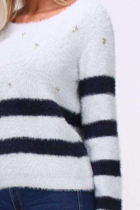 Grauer Damen Pullover in Fransenoptik und rückenfreiem Detail - Streifenpullover von Cherry Paris - Detailansicht