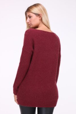 Bordeaux roter Damen Pullover mit weitem V-Ausschnitt von Kilky - Rückenansicht