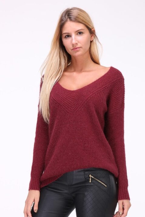 Bordeaux roter Damen Pullover mit weitem V-Ausschnitt von Kilky - Vorderansicht