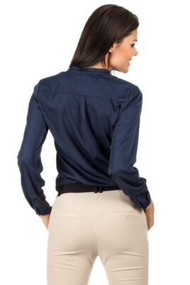 Marineblaue navy blaue Damen Bluse mit Stehkragen - klassische & elegante Langarmbluse von MOE - Rückenansicht