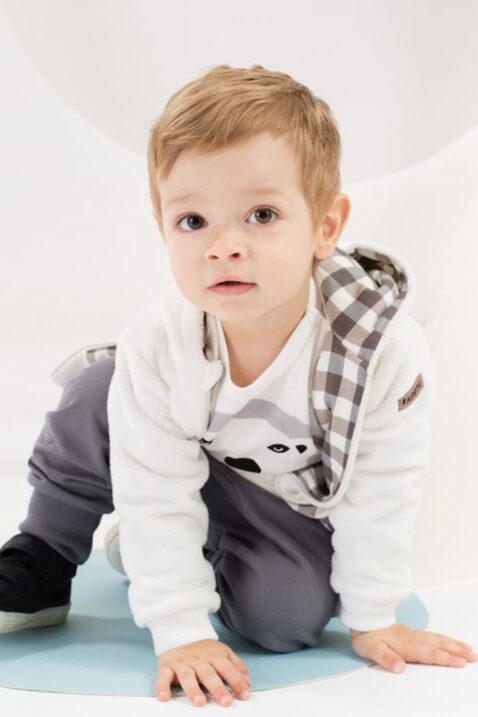 Ecru weiße Baby Jungen Jacke mit Kapuze & Ohren im Eisbär Design - Flauschjacke Herbst Winter mit Reissverschluss von Pinokio - Babyphoto