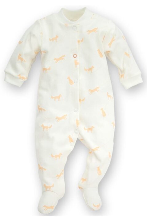 Weißer Baby Schlafoverall mit Füßen & Füchsen für Jungen & Mädchen - Schlafanzug & Strampelanzug Tier Overall einteilig unisex von Pinokio - Vorderansicht