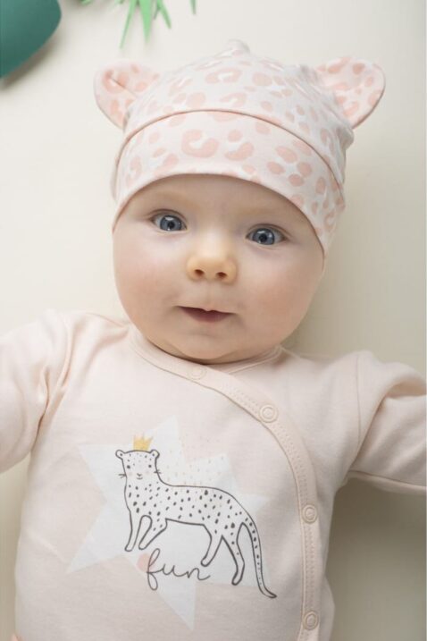 Rosa Baby Mädchen Mütze mit Ohren im Leoparden Design - Tiermütze, Babymütze & Kindermütze mit Leopardenmuster von Pinokio - Babyphoto