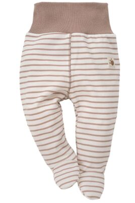 Braun weiß gestreifte Baby Jungen Strampelhose mit Füßen im Teddybär Design - Tier Schlafhose & Bären Stramplerhose von Pinokio - Vorderansicht