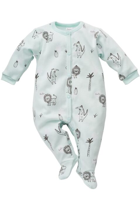 Mint grüner Baby Schlafoverall mit Füßen, Löwen, Ananas, Krokodile & Palmen Motiven für Jungen & Mädchen - Schlafanzug & Strampelanzug Overall einteilig von Pinokio - Vorderansicht