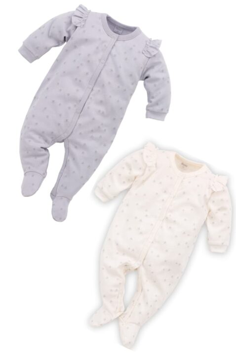 Set grauer & weißer Baby Schlafoverall mit Füßen, Rüschen & Sterne Motive für Mädchen - Schlafanzug & Strampelanzug Overall einteilig von Pinokio - Vorderansicht Inspiration