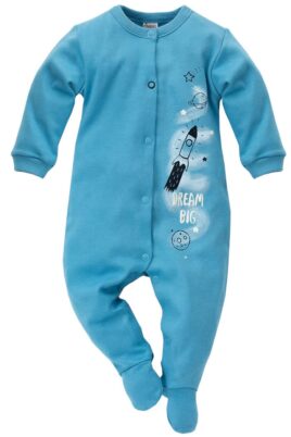 Blauer Baby Schlafoverall mit Füßen & Weltall Motiven Rakete, Planeten, Sterne, Mond für Jungen & Mädchen - Einteiliger Schlafanzug & Strampelanzug Overall von Pinokio - Vorderansicht