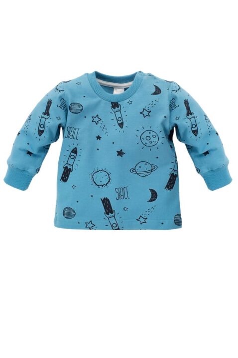 Blaues Baby Langarmshirt Sweatshirt mit Weltall Motiven Rakete, Mond, Planeten, Sterne - Jungen Rundhals Pullover langarm Oberteil mit Bündchen von Pinokio - Vorderansicht