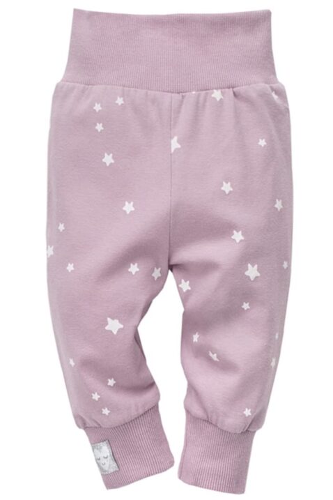 Rosa Baby Leggings Sweathose mit Sterne weiß & Patch "Schlafendes Herz" am Beinabschluss Bündchen für Mädchen - Baby Schlupfhose & Schlafhose mit Bündchen Komfortbund von Pinokio - Vorderansicht