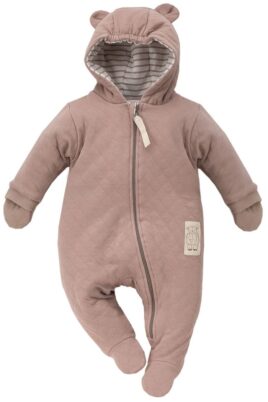 Brauner gemusterter gefütterter Baby Teddybär Overall Strampler Anzug mit Füßen, Patch, Handschuhe & Kapuze mit Teddybärohren für Jungen & Mädchen unisex - Wärmender Einteiler braun gemusterter Babyoverall Strampelanzug mit Handschutz Winteranzug Herbst Frühling von Pinokio - Vorderansicht
