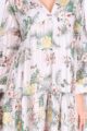 Beiges weißes kurzes Mini Kleid mit Blumenmuster gerafft mit floralen Mustern langarm für Damen - Tunikakleid Blumen-muster Sommerkleid im Blumen-print casual fit Blumenkleid Freizeitkleid Langarmkleid von REVD'ELLE PARIS - Detailansicht