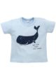Blaues Baby T-Shirt mit Wal Ocean Meer Motiv für Jungen - Hellblaues Babyshirt kurzarm Kinder Oberteil Tier Baumwollshirt maritim unifarben von Pinokio - Vorderansicht