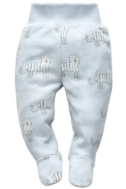 Blaue Baby Strampelhose mit Fuß & Tiger Design für Jungen - Hellblaue Tier Zoo Dschungel Schlafhose mit Komfortbund - Halb-Strampler Baumwollhose Schlafhose mit Füßen Stramplerhose unifarben von Pinokio - Vorderansicht