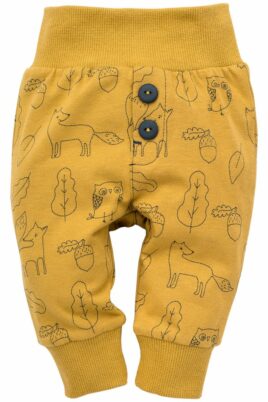 Gelbe Baby Leggings Sweathose Schlupfhose mit Füchse, Eulen, Uhu, Kauz, Blätter, Eicheln, breitem Komfortbund & Bündchen für Jungen - Tier Schlafhose mit Schlupfbund für Kinder von Pinokio - Vorderansicht