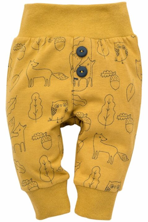 Gelbe Baby Leggings Sweathose Schlupfhose mit Füchse, Eulen, Uhu, Kauz, Blätter, Eicheln, breitem Komfortbund & Bündchen für Jungen - Tier Schlafhose mit Schlupfbund für Kinder von Pinokio - Vorderansicht