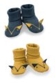 Set gelbe & blaue Babyschuhe Baby Schlupfschuhe Hausschuhe mit Umschlag Bündchen in Fuchs Form mit Ohren für Jungen - Currygelbe senfgelbe Krabbelschuhe von Pinokio - Vorderansicht