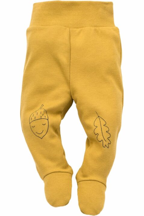 Gelbe Baby Strampelhose mit Fuß, Motive Eichel & Blatt für Jungen - Stramplerhose mit Füßen & Komfortbund unifarben Halb-Strampler Baumwollhose von Pinokio - Vorderansicht