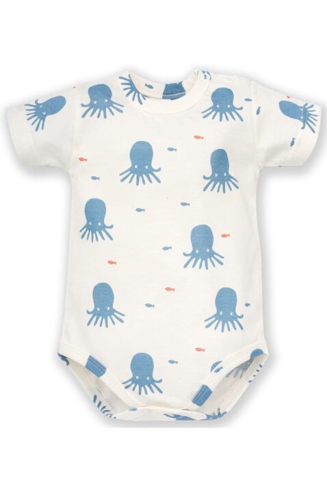 Weißer Baby Body kurzarm mit blauen Tintenfische & Fische für Jungen - Sommer Kurzarmbody Babybody Oktopus Kraken Motiv maritim aus Baumwolle von Pinokio - Vorderansicht
