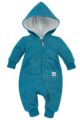 Türkis blauer Babyoverall mit großer Kapuze, Kängurutasche, Reißverschluss & Auto Patch für Kinder - Strampler ohne Fuß von Pinokio - Vorderansicht
