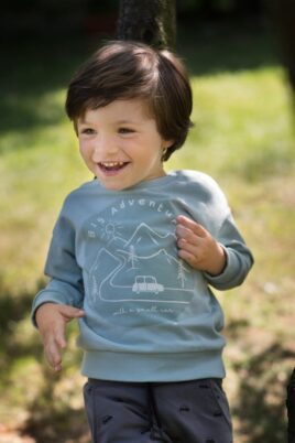 Junge trägt graue Baby Kinder Pumphose Haremshose mit Autos - Blaues Sweatshirt Oberteil langarm mit Adventure Print, Berge, Wald von Pinokio - Babyphoto Kinderphoto