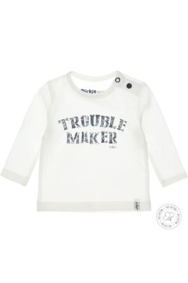 Weißes Baby Langarmshirt Oberteil aus hochwertiger Bio-Baumwolle mit Trouble-Maker Aufdruck von Dirkje - Vorderansicht