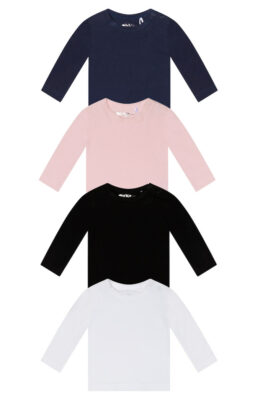 Dirkje Baby Basic-Shirt in drei verschiedenen Farben in rosa, schwarz, weiß & blau in langarm mit Rundhals Kinder Langarmoberteil- Vorderansicht alle Farben