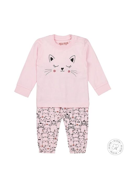 Baby Kinder Schlafanzug Pyjama langarm mit Katzen-Motiv für Mädchen - Baumwoll-Pyjama rosa von Dirkje - Vorderansicht