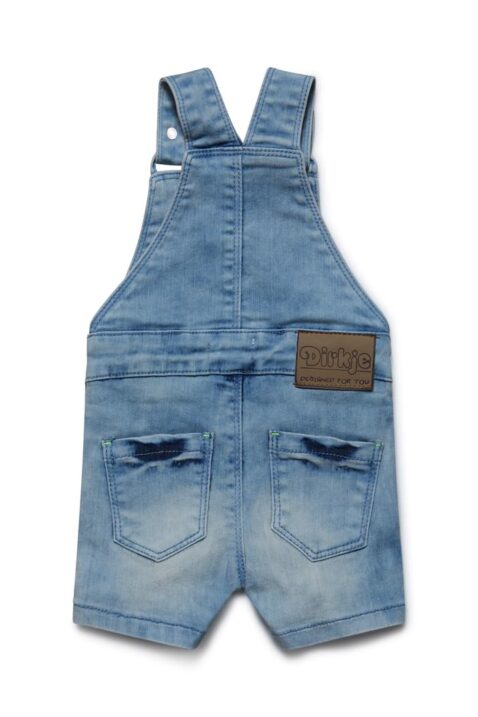 Baby Jeans-Latzhose kurz mit grüner Kordel + Alpha-Patch - Jeans-Latzshorts mit Taschen von Dirkje - Rückansicht