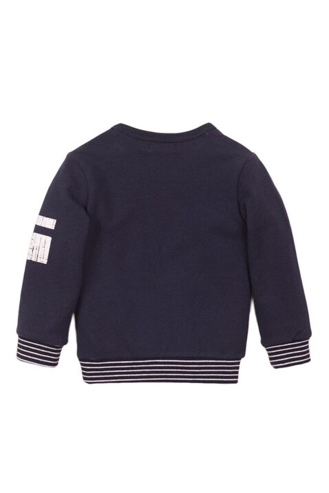 Baby Sweater Sweatshirt aus weicher Baumwolle in dunkelblau mit Streifen-Bündchen + Print - Baby Pullover für Jungen von Dirkje - Rückansicht