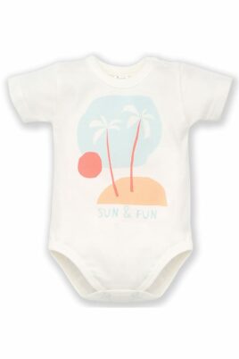 Pinokio weißer Baby Kurzarmbody mit Insel, Palmen, Strand, Himmel, Sonne & SUN & Fun Print für Jungen & Mädchen – Sommer Baumwolle Babybody kurzarm – Vorderansicht
