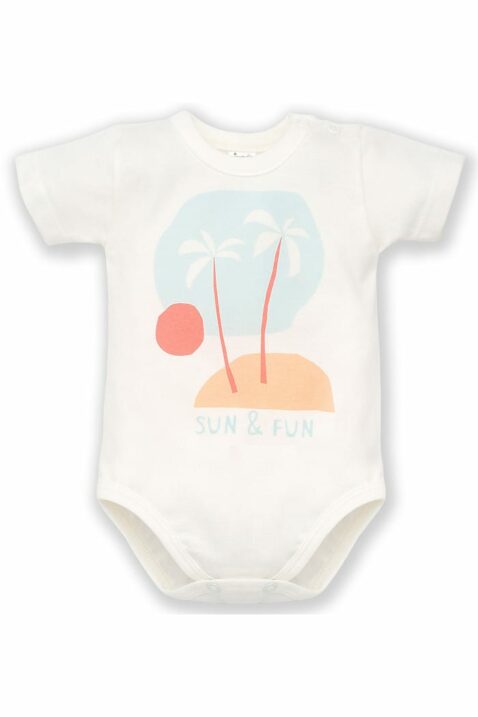 Weißer Baby Kurzarmbody mit Insel, Palmen, Strand, Himmel, Sonne & SUN & Fun Print für Jungen & Mädchen - Sommer Baumwolle Babybody kurzarm von Pinokio - Vorderansicht
