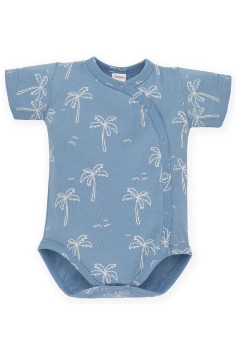 Blauer Baby Wickelbody mit Palmen gemustert aus Baumwolle für Jungen - Sommer maritimer Kurzarmbody von Pinokio - Vorderansicht