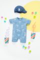Blauer kurzer Kinder Baby Spieler Romper Overall mit Palmen Motive - Blaue Sommermütze mit Schirm Patch Sun von Pinokio - Inspiration Lookbook