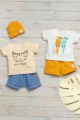 Jeans blaue & senfgelbe Baby Shorts kurze Hose mit Taschen - Gestreiftes Baby T-Shirt mit Katze orange - Kinder Babyshirt mit Papagei weiß von Pinokio - Inspiration Sommer-Outfit
