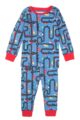 Blauer Baby Schlafanzug Pyjama langarm mit Straßen, Autos, Straßenschilder & rote Rip-Bündchen aus Baumwolle für Jungen - Kinder Nachtwäsche von Minoti - Vorderansicht