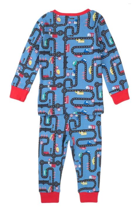 Blau roter langarm Kinder Baby Schlafanzug Pyjama mit Straßennetz & Autos aus 100% Baumwolle - Nachtwäsche Jungen von Minoti - Rückenansicht