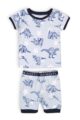 Blau-weißer Baby kurzer Schlafanzug Pyjama - Shorts & Kurzarmshirt mit Dinosaurier Motiven aus Baumwolle für Jungen - Kinder Sommer Nachtwäsche von Minoti - Vorderansicht
