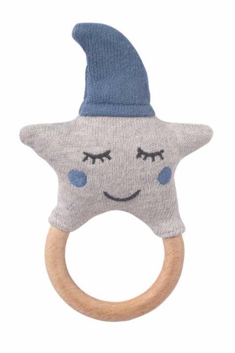 Blau graue Babyrassel Greifling mit Holz Beißring Sterne-Optik aus OEKO TEX Baumwolle für Neugeborene & Babys von Nordic Coast Company - Vorderansicht Rassel