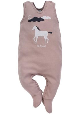 Beiger Baby Einteiler Strampler mit Fuß, Pferd & BE BRAVE Print aus OEKO TEX Baumwolle für Mädchen - Günstiger & hochwertiger Schlafstrampler Strampelanzug mit Füßen Babystrampler von Pinokio - Vorderansicht