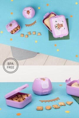 Lila Kinder Geschenkbox Lunch Set 3 Teile mit Elch Tiermotiv - Brotdose, Sandwich-Dose, Apfelbox, Snackbox für Mädchen von AMUSE - Inspiration Lookbook