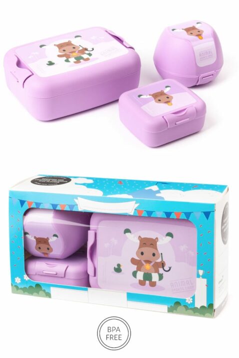 Lila Flieder Kinder Lunchbox Set 3 teilig Elch Brotbox, Brotdose, Apfelbox, Obstbox, Snackbox als Geschenkbox - BPA frei mit Clipverschlüsse für Mädchen von AMUSE - Vorderansicht Set