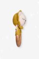 Gelber Kinder Baby Beißring aus Holz mit Löwe Rassel Strick Handmade aus OEKO TEX Bio-Baumwolle - Tier Babyspielzeug für Neugeborene & Babys von Knit A Buddy - Seitenansicht Beißring Rassel